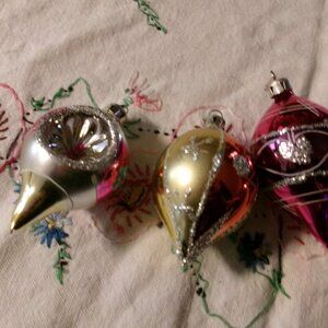 3 vintage poland ornaments indent with glitter 2 teardrops glitter blown mercury